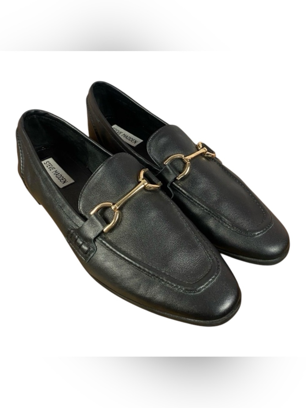 Steve Madden Carrine Black Leather Driving Loafers Gold Buckle Flat Shoes Sz 10